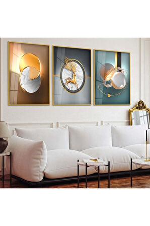 Gümüş Metal Çerçeveli Soyut Desen Üçlü Kırılmaz Cam Tablo Seti