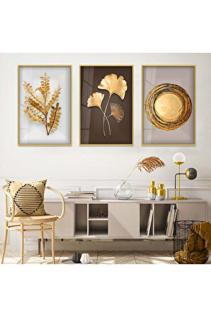 Siyah Metal Çerçeveli Modern Çizim Altın Yaprak Üçlü Kırılmaz Cam Tablo Seti