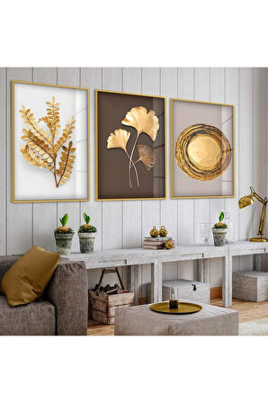 Siyah Metal Çerçeveli Modern Çizim Altın Yaprak Üçlü Kırılmaz Cam Tablo Seti