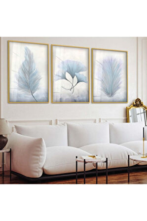 Gümüş Metal Çerçeveli Beyaz Kar Çiçeği Üçlü Kırılmaz Cam Tablo Seti