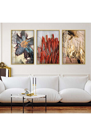 Gümüş Metal Çerçeveli Kolaj Çizim Çiçek Üçlü Kırılmaz Cam Tablo Seti