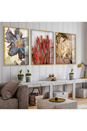 Gümüş Metal Çerçeveli Kolaj Çizim Çiçek Üçlü Kırılmaz Cam Tablo Seti