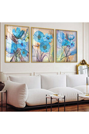 Gümüş Metal Çerçeveli Kolaj Çizim Çiçek Üçlü Kırılmaz Cam Tablo Seti