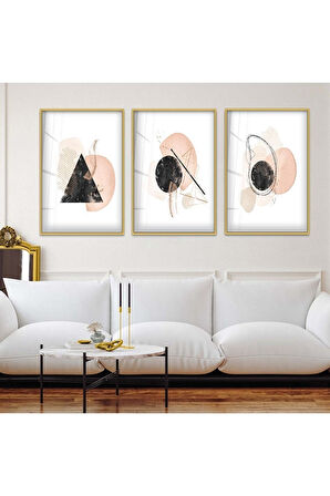 Gümüş Metal Çerçeveli Soyut Desen Şekiller Üçlü Kırılmaz Cam Tablo Seti