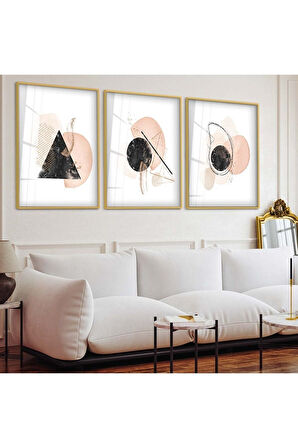Gümüş Metal Çerçeveli Soyut Desen Şekiller Üçlü Kırılmaz Cam Tablo Seti