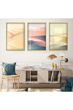 Siyah Metal Çerçeveli Soyut Desen Kum Üçlü Kırılmaz Cam Tablo Seti