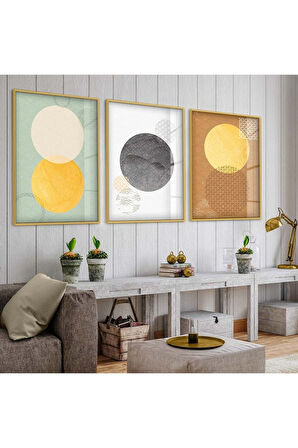 Siyah Metal Çerçeveli Kolaj Çizim Çiçek Üçlü Kırılmaz Cam Tablo Seti