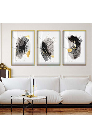 Gümüş Metal Çerçeveli Soyut Desen Üçlü Kırılmaz Cam Tablo Seti