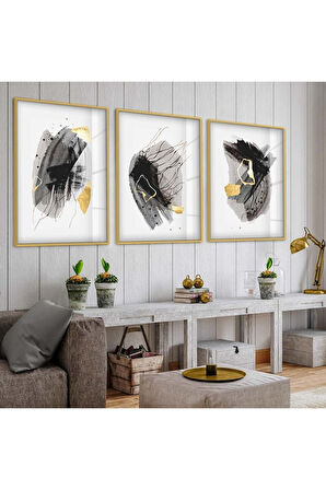Gümüş Metal Çerçeveli Soyut Desen Üçlü Kırılmaz Cam Tablo Seti