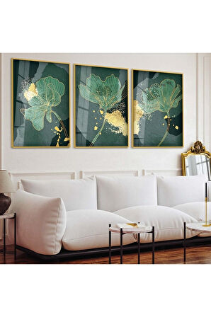 Siyah Metal Çerçeveli Soyut Desen Üçlü Kırılmaz Cam Tablo Seti