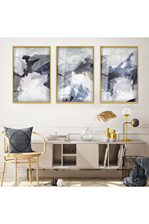 Gümüş Metal Çerçeveli Soyut Desen Üçlü Kırılmaz Cam Tablo Seti