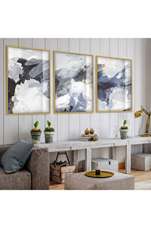 Gümüş Metal Çerçeveli Soyut Desen Üçlü Kırılmaz Cam Tablo Seti