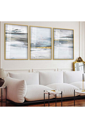 Siyah Metal Çerçeveli Soyut Desen Üçlü Kırılmaz Cam Tablo Seti