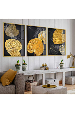 Gold Metal Çerçeveli Soyut Desen Üçlü Kırılmaz Cam Tablo Seti