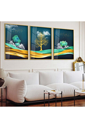 Gümüş Metal Çerçeveli Soyut Desen Üçlü Kırılmaz Cam Tablo Seti