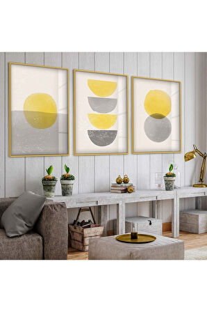 Gold Metal Çerçeveli Soyut Desen Üçlü Kırılmaz Cam Tablo Seti