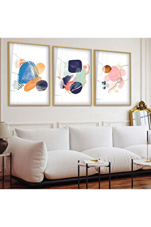 Siyah Metal Çerçeveli Soyut Desen Üçlü Kırılmaz Cam Tablo Seti