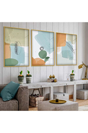 Siyah Metal Çerçeveli Soyut Desen Üçlü Kırılmaz Cam Tablo Seti