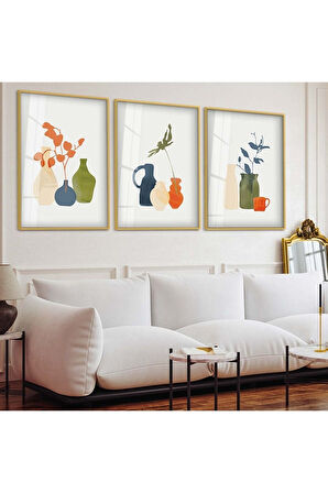Gold Metal Çerçeveli Minimalist Soyut Desen Üçlü Kırılmaz Cam Tablo Seti