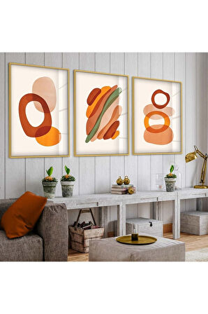 Siyah Metal Çerçeveli Minimalist Soyut Desen Üçlü Kırılmaz Cam Tablo Seti