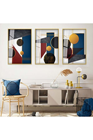 Siyah Metal Çerçeveli Soyut Desen Üçlü Kırılmaz Cam Tablo Seti
