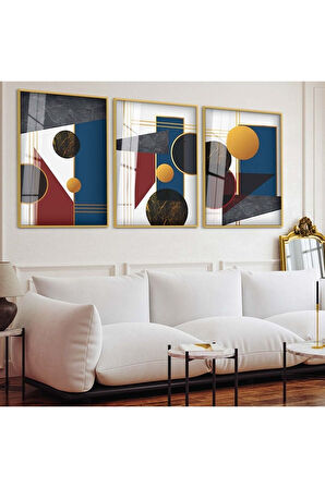 Siyah Metal Çerçeveli Soyut Desen Üçlü Kırılmaz Cam Tablo Seti