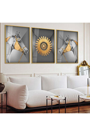 Siyah Metal Çerçeveli Minimalist Soyut Desen Üçlü Kırılmaz Cam Tablo Seti