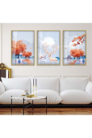 Gümüş Metal Çerçeveli Geyik Soyut Desen Üçlü Kırılmaz Cam Tablo Seti