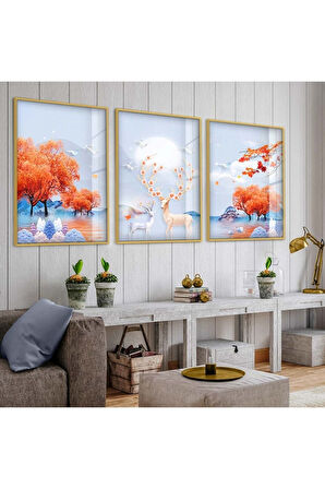 Gümüş Metal Çerçeveli Geyik Soyut Desen Üçlü Kırılmaz Cam Tablo Seti