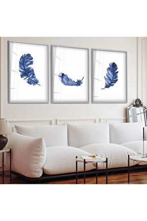 Gold Metal Çerçeveli Mavi Tüy Üçlü Kırılmaz Cam Tablo Seti