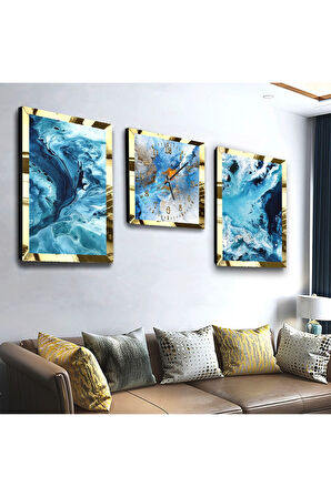 Gold Aynalı Pleksi Çerçeveli Mavi Renkli Üçlü Mdf Tablo Seti