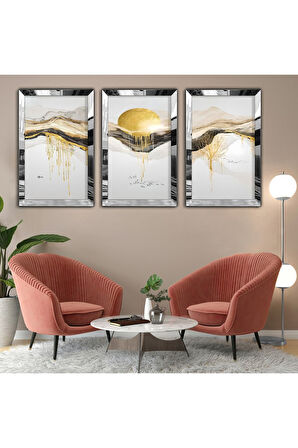 Gümüş Aynalı Pleksi Çerçeveli Kolaj Çizim Üçlü Mdf Tablo Seti