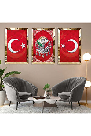 Gümüş Aynalı Pleksi Çerçevel Osmanlı Tuğrası Üçlü Mdf Tablo Seti