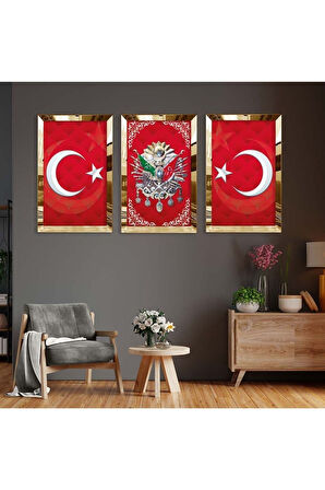 Gümüş Aynalı Pleksi Çerçevel Osmanlı Tuğrası Üçlü Mdf Tablo Seti