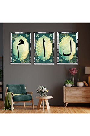 Gümüş Aynalı Pleksi Çerçeveli Elif Vav Mim Dini Üçlü Mdf Tablo Seti