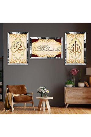 Gold Aynalı Pleksi Çerçeveli Besmele Dini Model Üçlü Mdf Tablo Seti