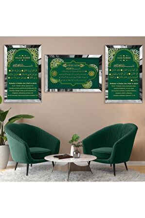 Gold Aynalı Pleksi Çerçeveli Ayetel Kürsi Dini Model Üçlü Mdf Tablo Seti