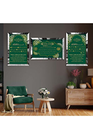 Gold Aynalı Pleksi Çerçeveli Ayetel Kürsi Dini Model Üçlü Mdf Tablo Seti