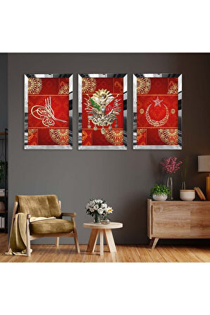 Gold Aynalı Pleksi Çerçeveli Üçlü Kırmızı Arka Planlı Gold Desenli Osmanlı Tuğrası Mdf Tablo Seti