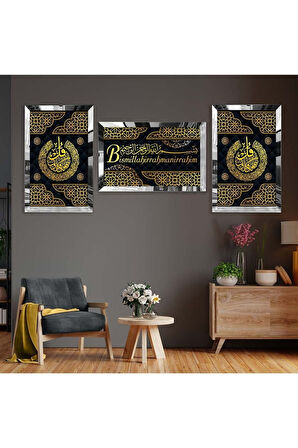 Gümüş Aynalı Pleksi Çerçevel Besmele Dini Model Üçlü Mdf Tablo Seti
