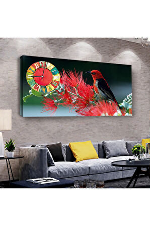 Renkli Kuş 100 X 50 Cm Saatli Kanvas Tablo