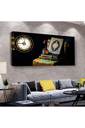 Kuranı Kerim Dini 100 X 50 Cm Saatli Kanvas Tablo