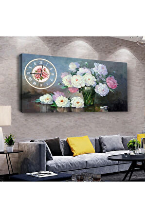 Beyaz Çiçek 100 X 50 Cm Saatli Kanvas Tablo