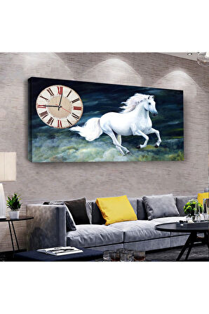 Beyaz At 100 X 50 Cm Saatli Kanvas Tablo