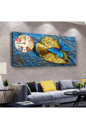 Mavi Kelebek 100 X 50 Cm Saatli Kanvas Tablo