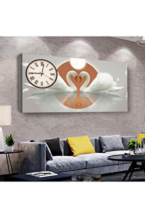 Aşk Kuğuları 100 X 50 Cm Saatli Kanvas Tablo