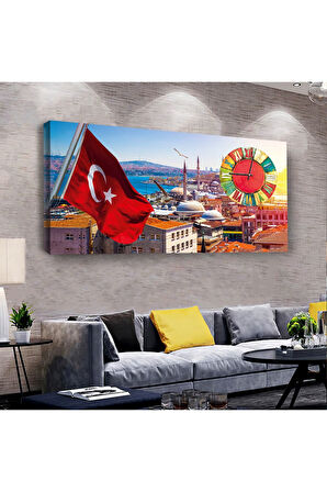 Türk Bayrağı 100 X 50 Cm Saatli Kanvas Tablo