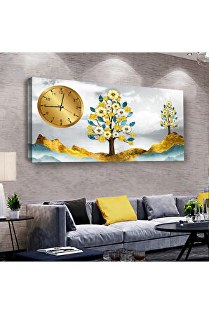 Kolaj Çizim Bitki 100 X 50 Cm Saatli Kanvas Tablo