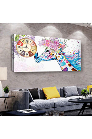 Renkli Zürafa 100 X 50 Cm Saatli Kanvas Tablo
