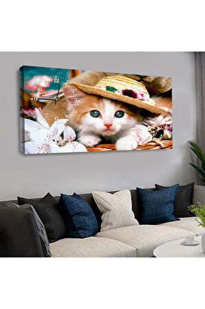 120x60 Saatli Hayvanlar Alemi Kedicik Kanvas Tablo